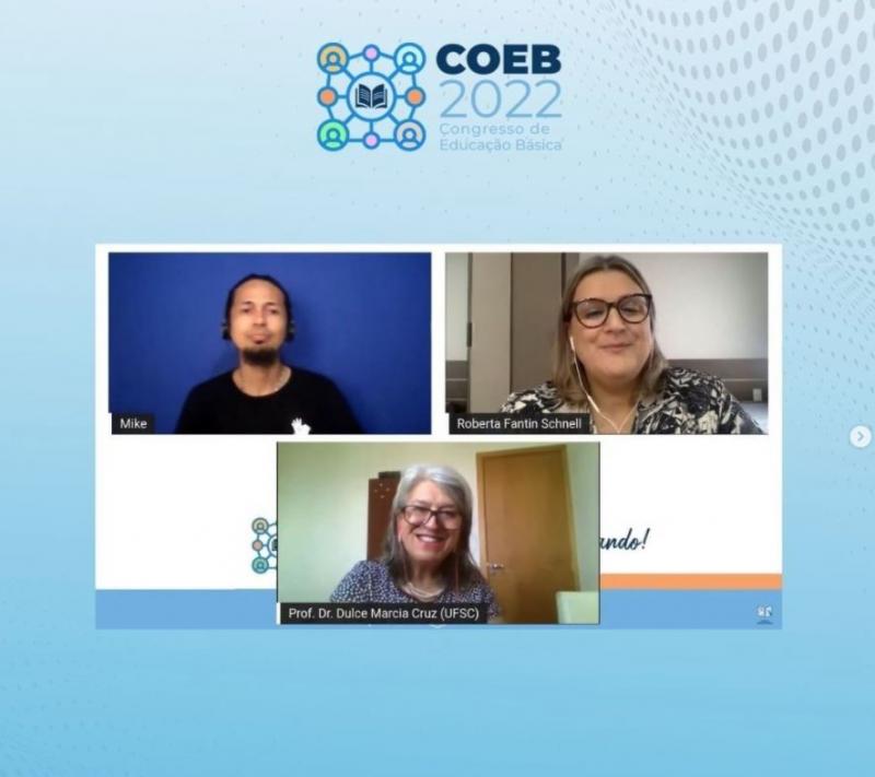 No último dia do COEB 2022, a professora doutora da UFSC Dulce Márcia Cruz e a doutora em Educação Fernanda da Silva Lino apresentaram seus trabalhos de comunicação oral de pesquisas